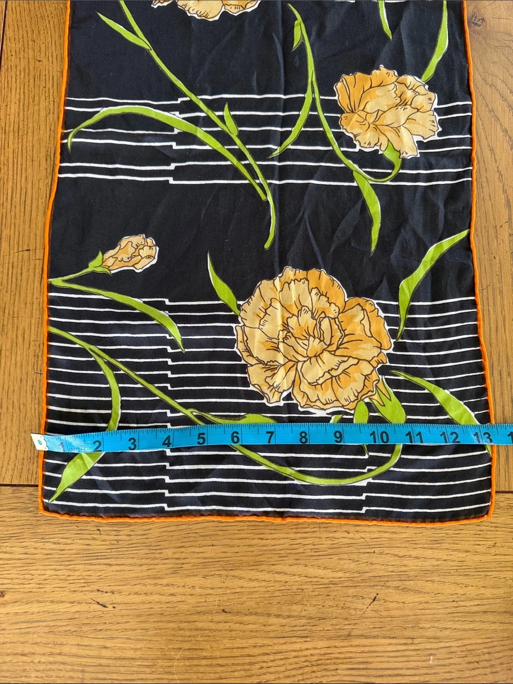Vintage Triangle Brand 100% Silk Scarf Black Striped Floral Orange Trim